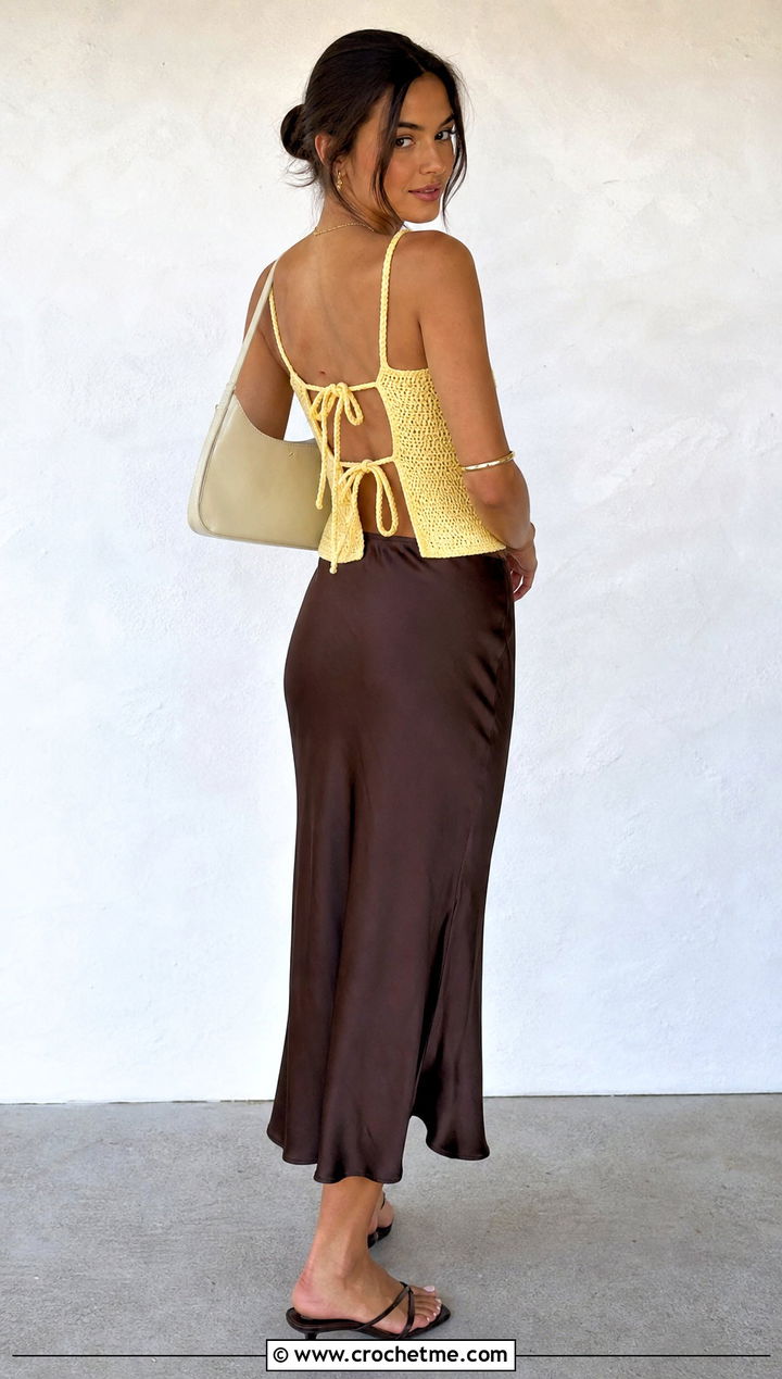 Tie Back Crochet Cami Top With Slip Skirt - 30 Crochet Backless Top outfit ideas