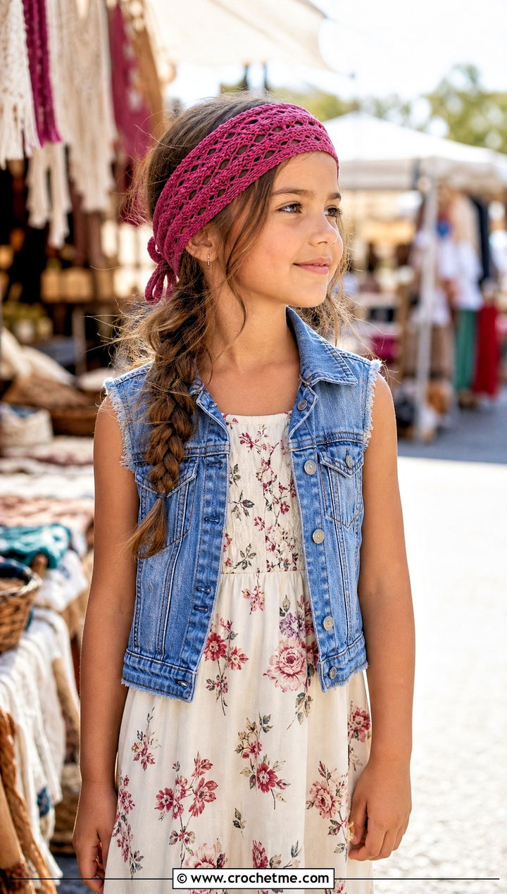 Tie Back Crochet Child Headband With Boho Maxi Dress - 20 Crochet Childs Headband outfit ideas
