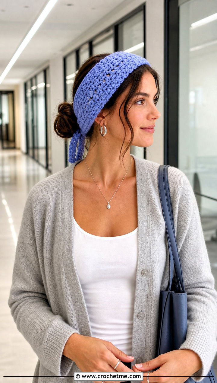 Tie Back Crochet Ear Warmer With Cardigan And Trousers - 25 Beginner Crochet Ear Warmer outfit ideas