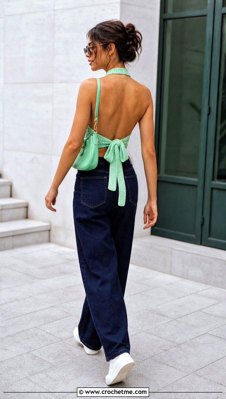 Tie Back Crochet Halter Top With Barrel Jeans - 35 easy crochet halter top outfit ideas