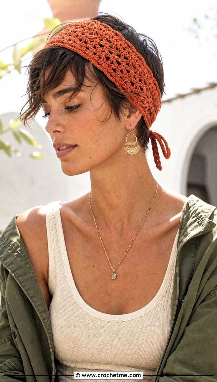 Tie Back Crochet Headband With Boho Maxi Skirt - 25 crochet headband for short hair outfit ideas