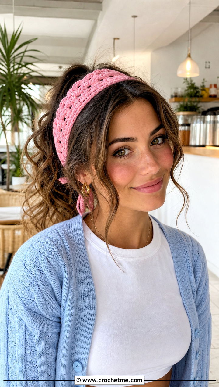 Tie Back Crochet Headband With Cardigan And Jeans - 30 crochet fall headband outfit ideas