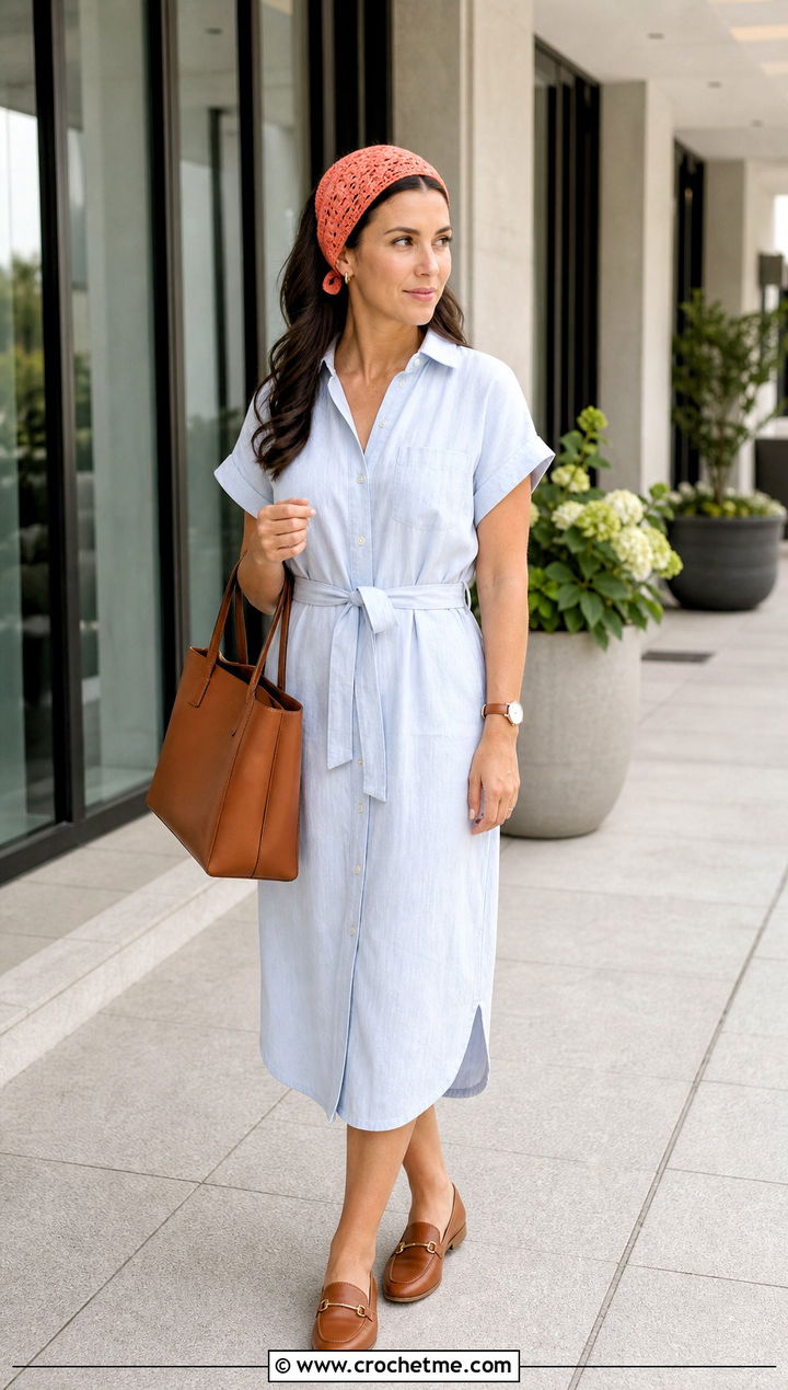 Tie Back Crochet Headband With Shirtdress And Loafers - 35 crochet summer headband outfit ideas