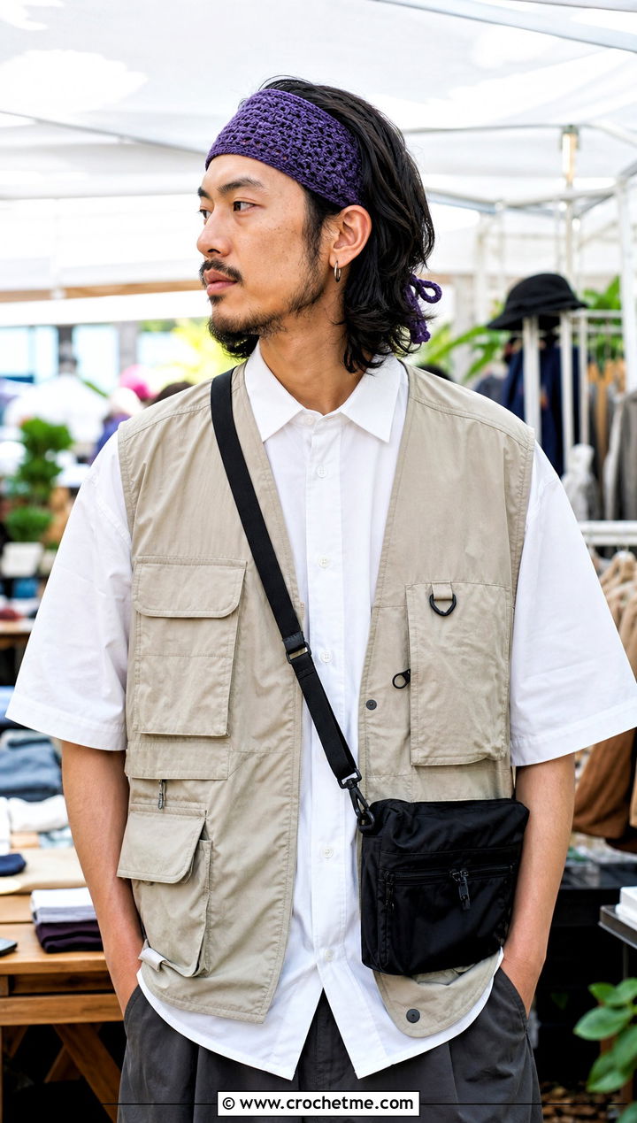 Tie Back Crochet Headband With Utility Vest - 25 men's crochet headband outfit ideas