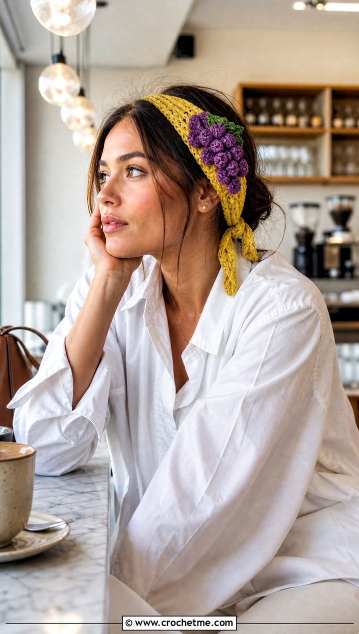 Tie Back Crochet Headband With White Shirt Outfit - 15 crochet headband with purple flower outfit ideas