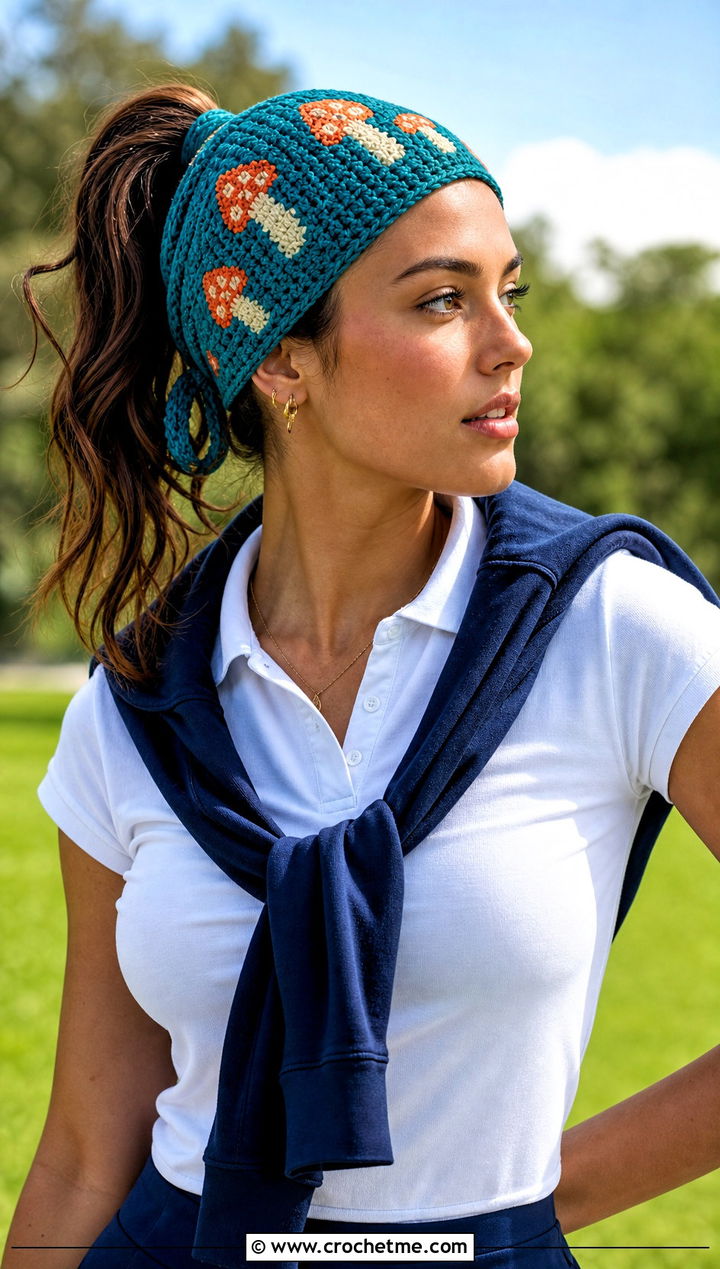 Tie Back Crochet Mushroom Bandana With Tennis Skirt - 15 Crochet Mushroom Head Scarf outfit ideas