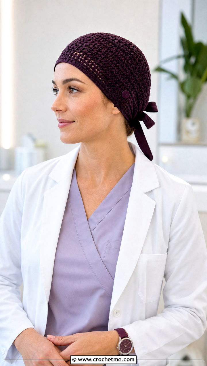 Tie Back Crochet Scrub Cap With White Lab Coat - 20 Crochet Scrub Cap outfit ideas