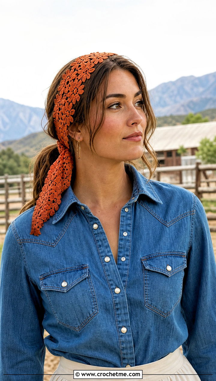 Tie Back Floral Lace Crochet Headband With Western Denim - 15 crochet flower headband on lace background outfit ideas