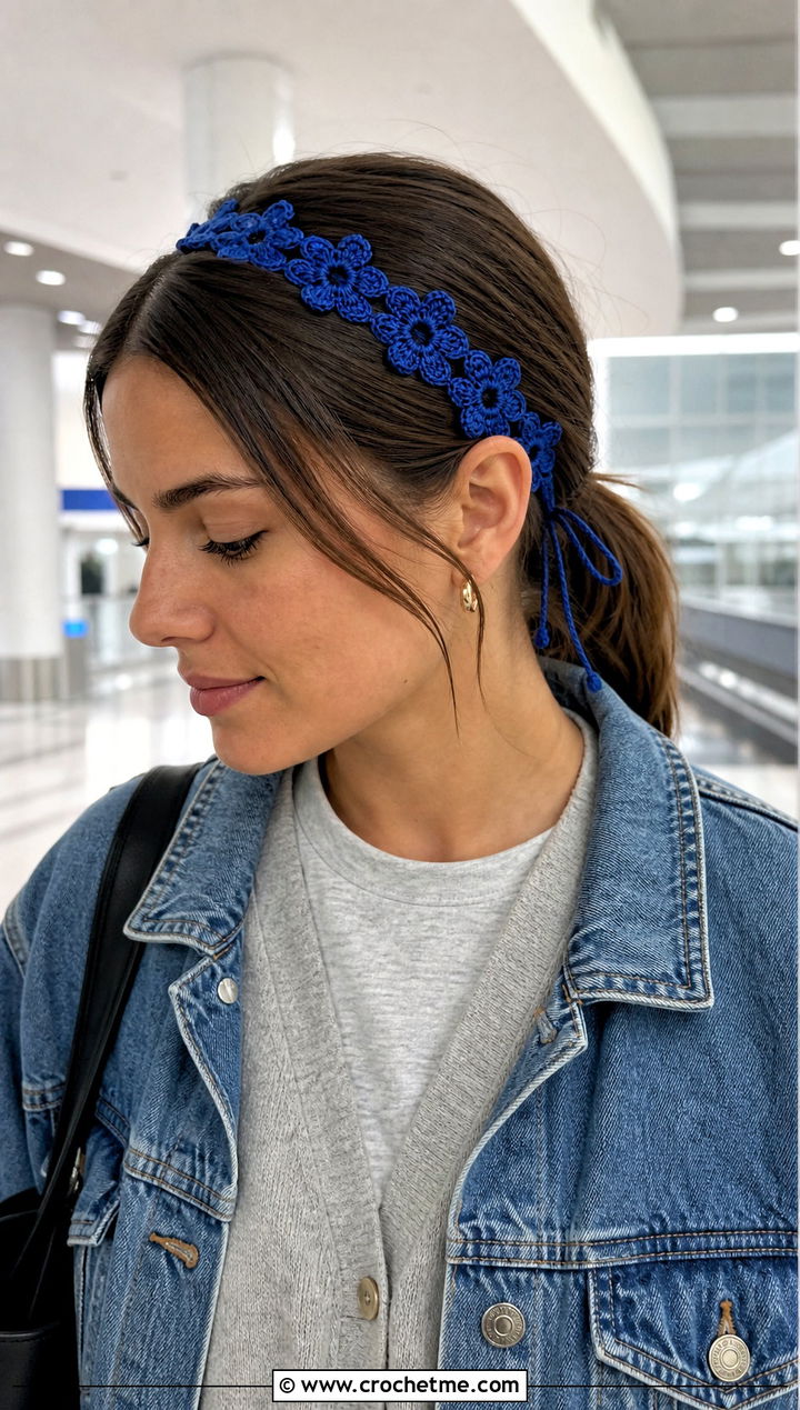 Tie Back Flower Crochet Headband With Travel Outfit - 15 colorful crocheted headband with flower outfit ideas