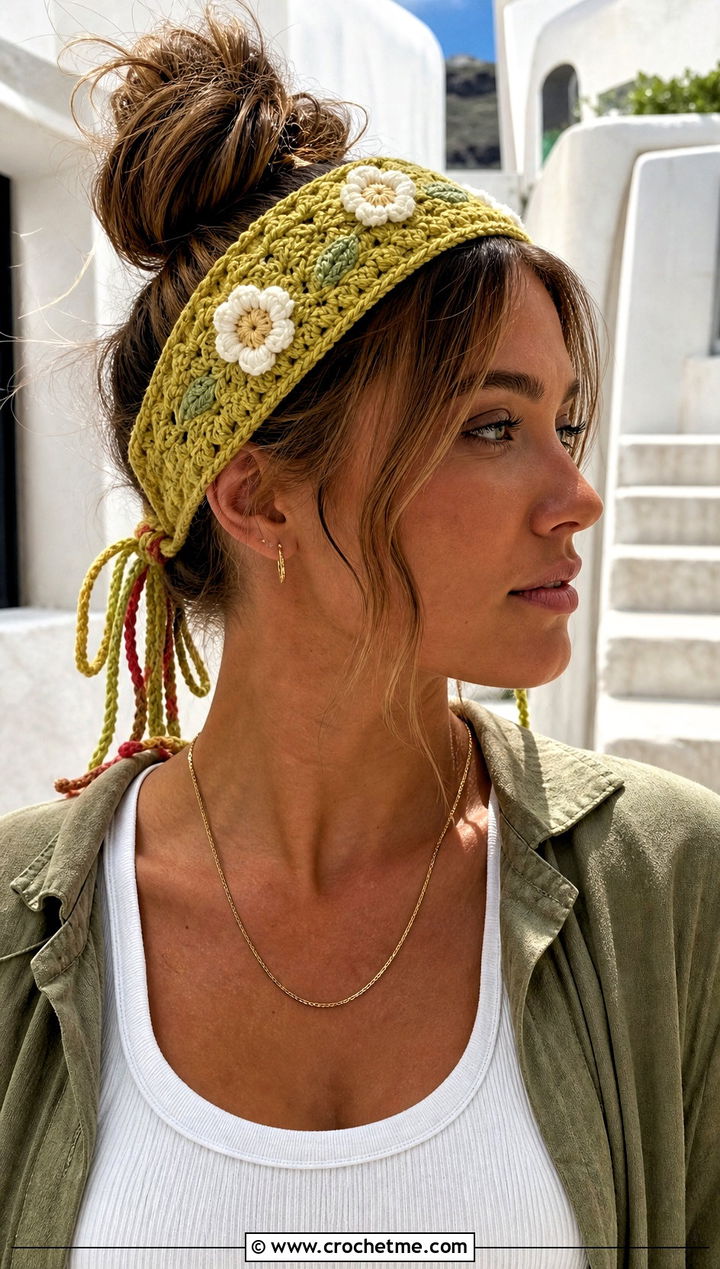 Tie Back Flower Headband With Utility Outfit - 15 crochet lovely flower headband outfit ideas