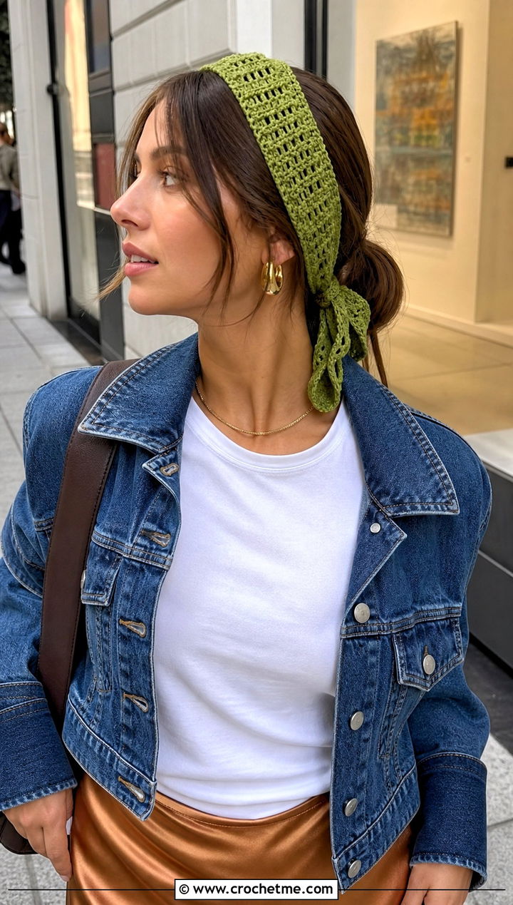 Tie Back Green Crochet Headband With T Shirt And Satin Skirt - 30 green crochet headband outfit ideas