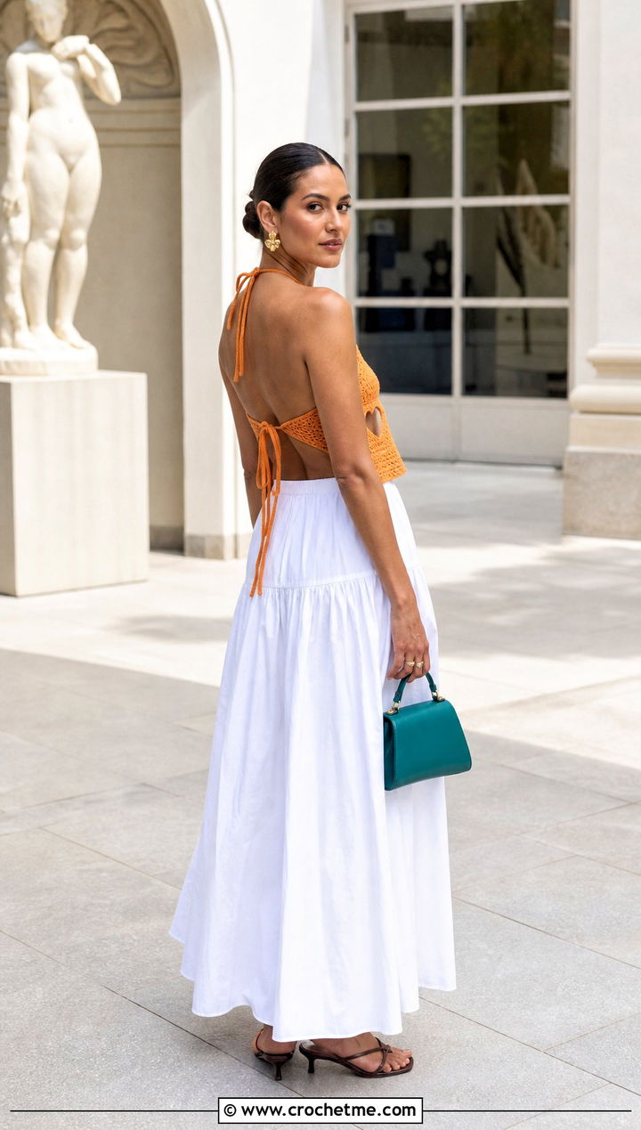 Tie Back Heart Cut Out Crochet Top With Poplin Maxi Skirt - 25 Heart Cut Out Crochet Top outfit ideas