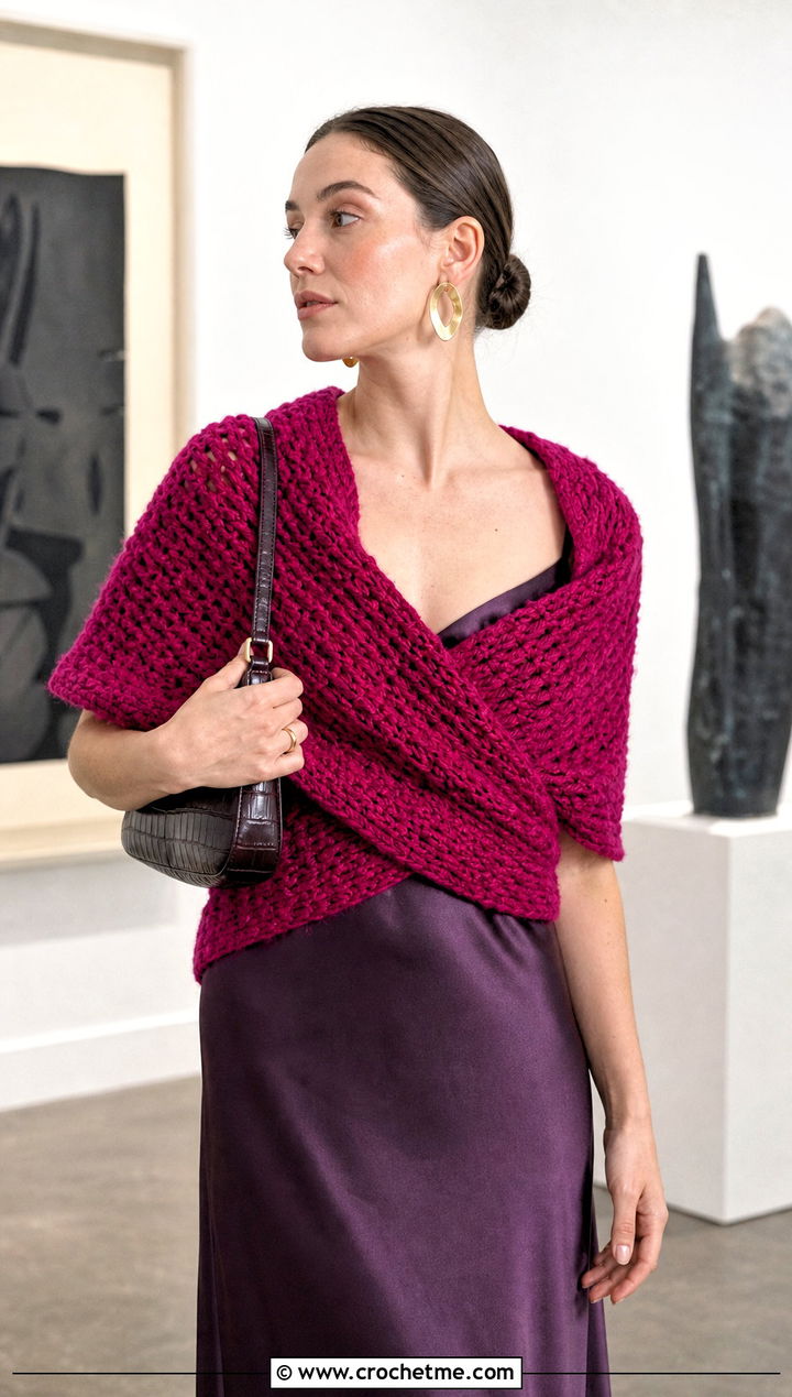 Tie Back Highlander Shawl With Satin Slip Dress - 20 Crochet Highlander Shawl outfit ideas