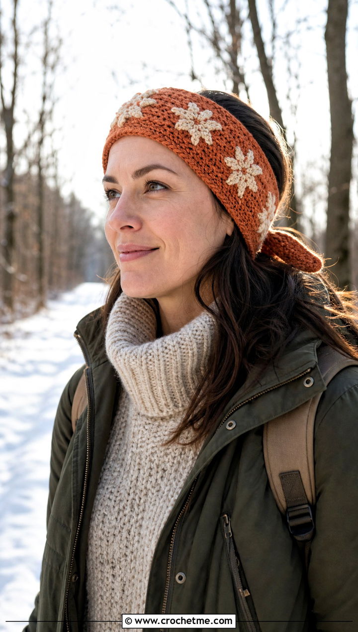 Tie Back Snowflake Headband With Parka - 20 Crochet Snowflake Headband outfit ideas