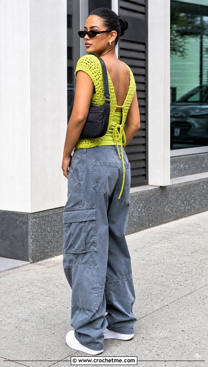 Tie Back V Neck Crochet Top With Cargo Pants - 35 v neck crochet top outfit ideas