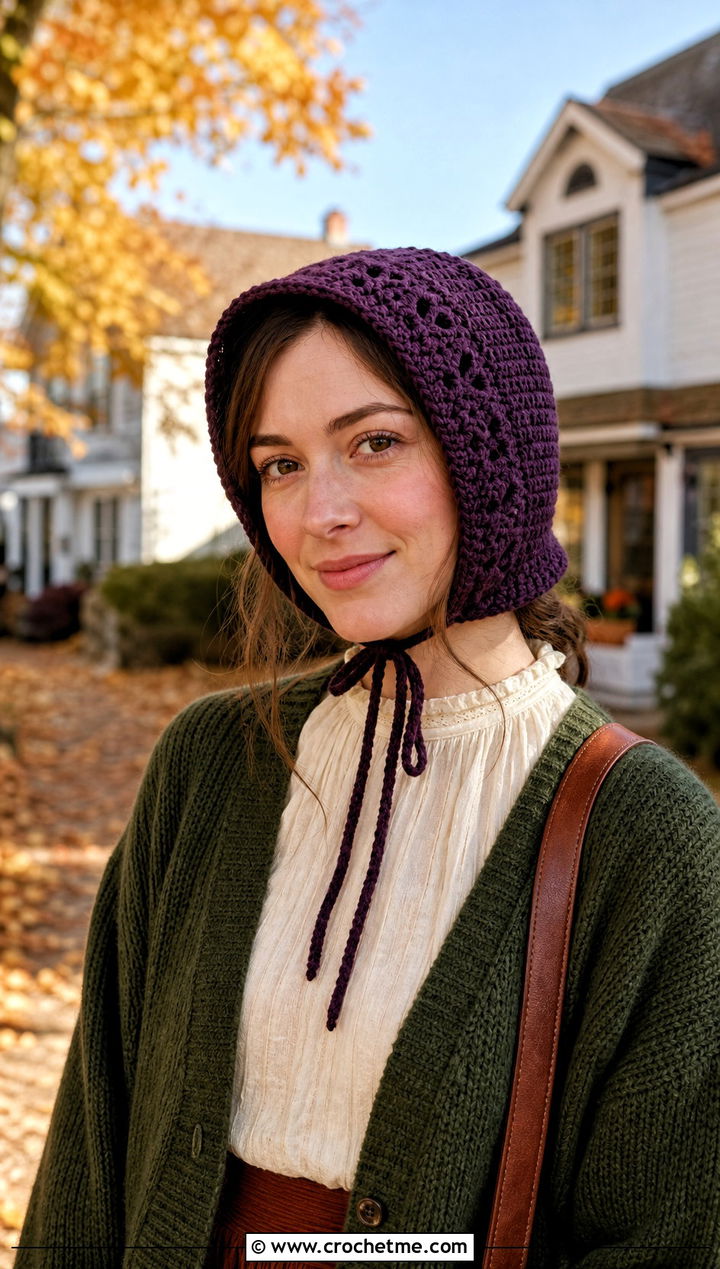 Tie Bonnet Crochet Hat With Corduroy Midi Skirt - 15 Country Cottage Crochet Hat outfit ideas