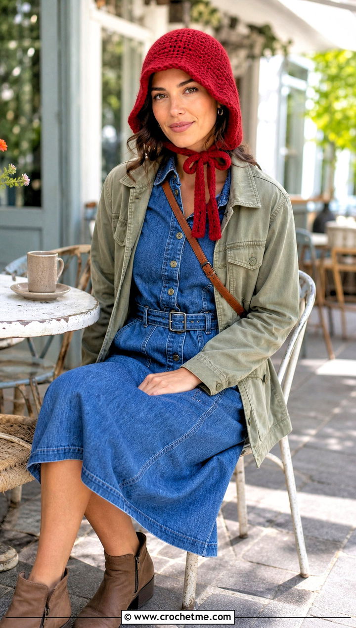 Tie Bonnet Crochet Pilgrim Hat With Denim Dress - 25 Crochet Pilgrim Hat outfit ideas