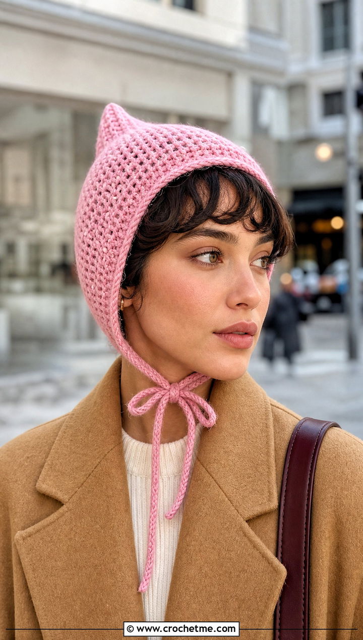 Tie Bonnet Crochet Pixie Hat With Wool Coat - 30 crochet pixie hat outfit ideas