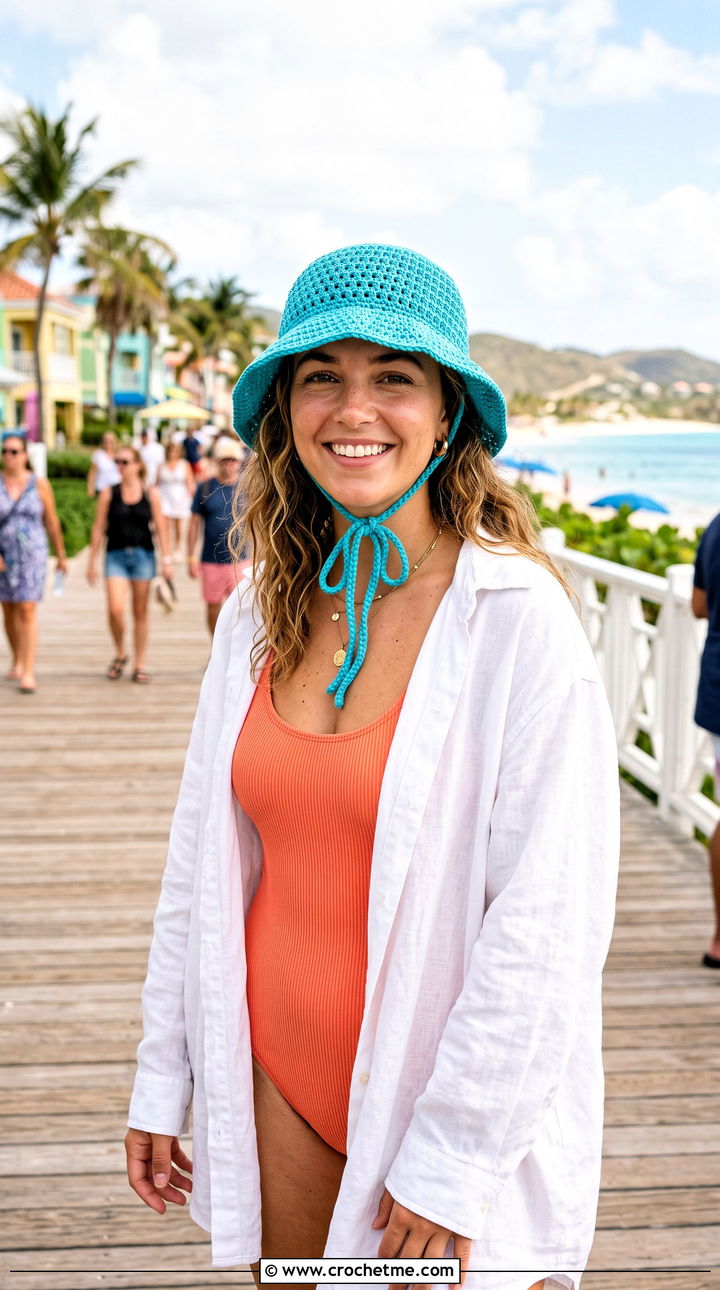 Tie Detail Crochet Bucket Hat With Swimsuit And Cover Up - 25 Crochet Bucket Hat For Women outfit ideas
