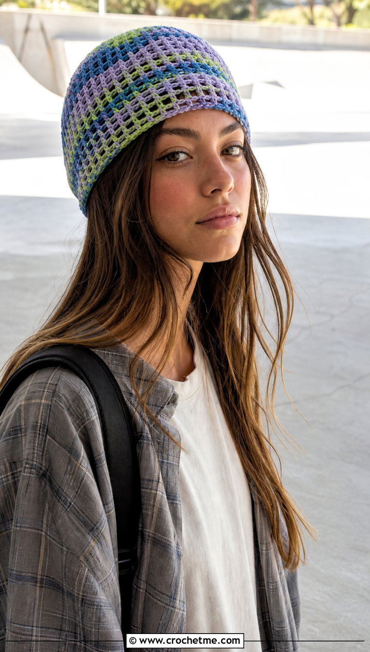 Tie Dye Crochet Mesh Beanie With Skate Outfit - 25 crochet mesh beanie outfit ideas
