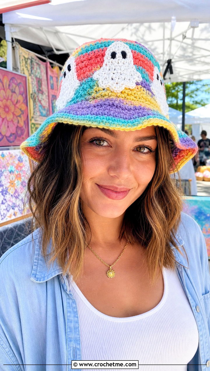 Tie Dye Ghost Crochet Bucket Hat With White Jeans - 25 Ghost Crochet Hat outfit ideas