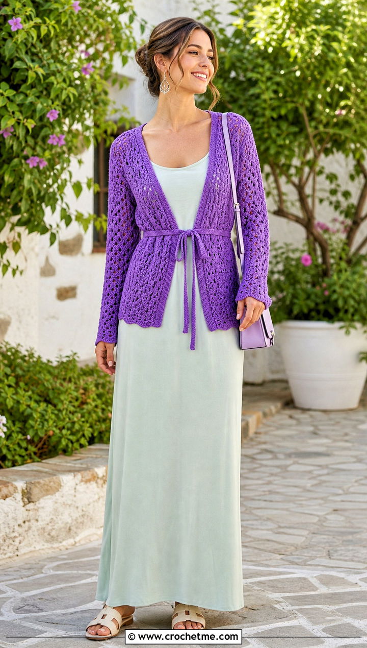 Tie Front Alpine Stitch Crochet Cardigan With Maxi Dress - 25 Alpine Stitch Crochet Cardigan outfit ideas