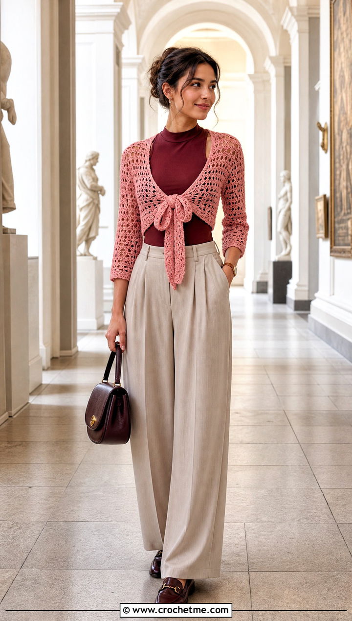 Tie Front Ballet Crochet Shrug With Pleated Trousers - 20 Ballet Crochet Shrug outfit ideas