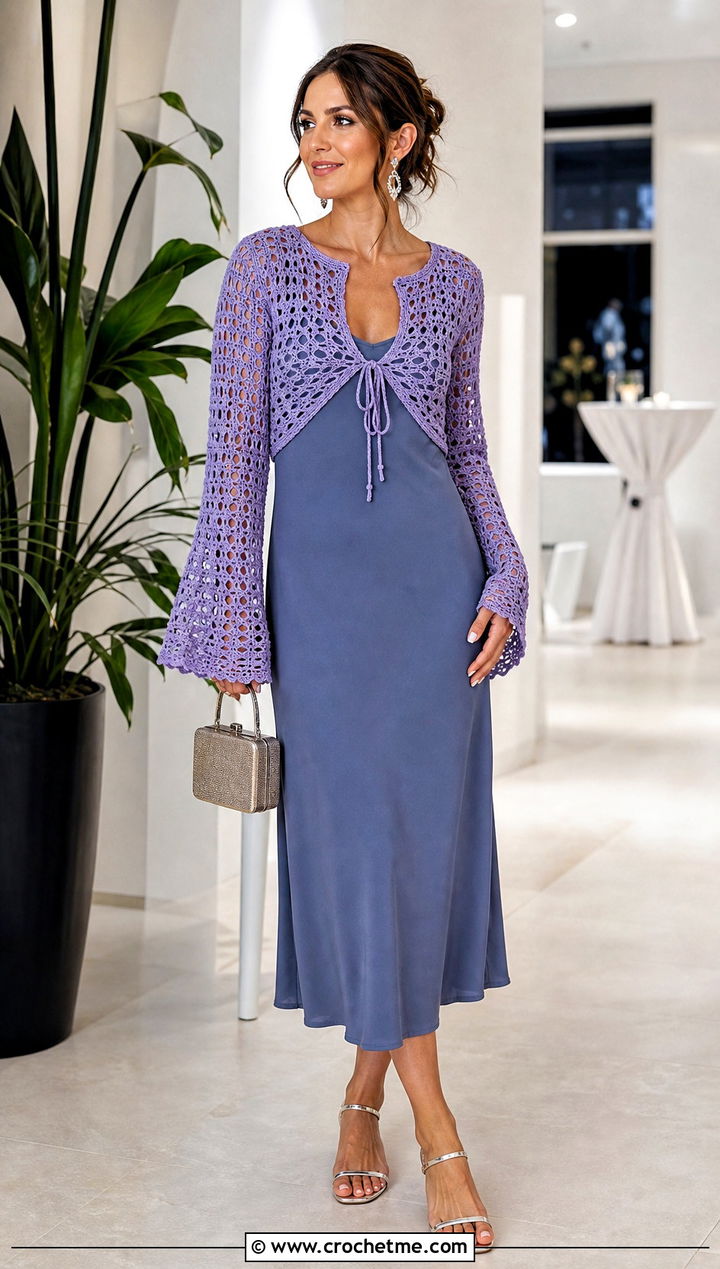 Tie Front Bell Sleeve Crochet Bolero With Slip Dress - 25 bell sleeve crochet sweater outfit ideas