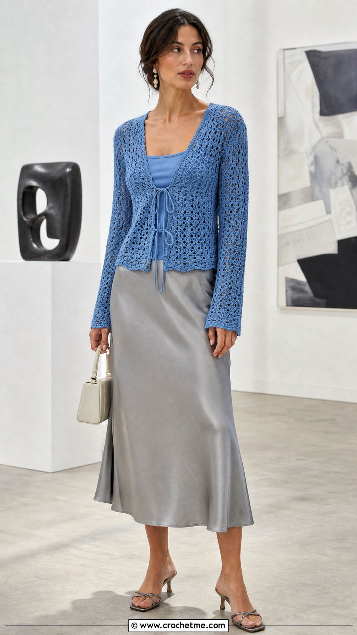 Tie Front Blue Crochet Cardigan With Satin Midi Skirt - 35 blue crochet cardigan outfit ideas