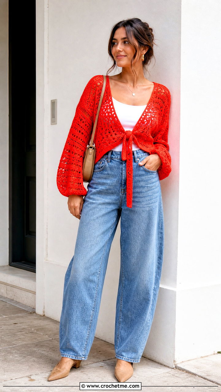 Tie Front Boho Crochet Cardigan With High Waisted Jeans - 35 Boho Crochet Cardigan outfit ideas