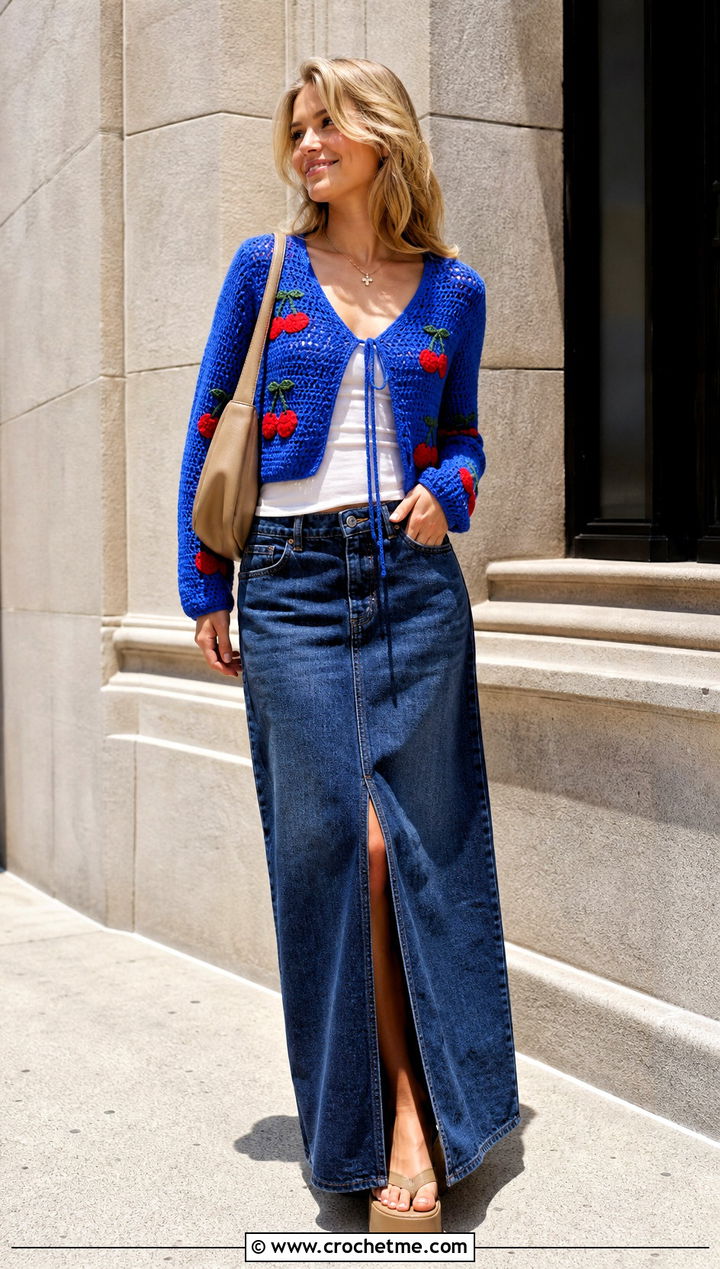 Tie Front Cherry Crochet Cardigan With Denim Maxi Skirt - 30 cherry crochet cardigan outfit ideas