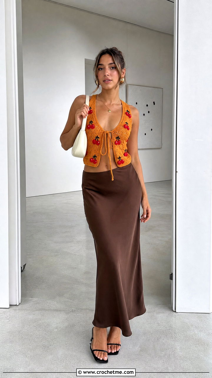 Tie Front Cherry Crochet Top With Slip Skirt - 35 crochet cherry top outfit ideas