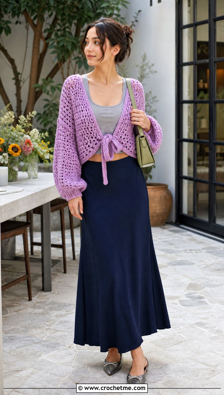Tie Front Chunky Crochet Crop Cardigan With Maxi Skirt - 25 Chunky Crochet Crop Cardigan outfit ideas
