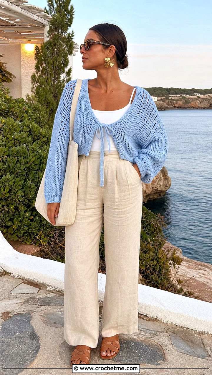 Tie Front Chunky Cropped Cardigan With Linen Pants - 15 Crochet Chunky Cropped Cardigan outfit ideas