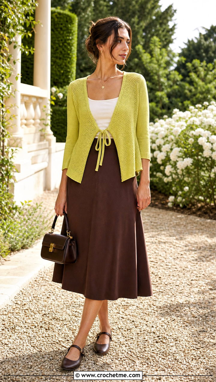 Tie Front Circle Cardigan With A Line Skirt - 30 crochet circle cardigan outfit ideas