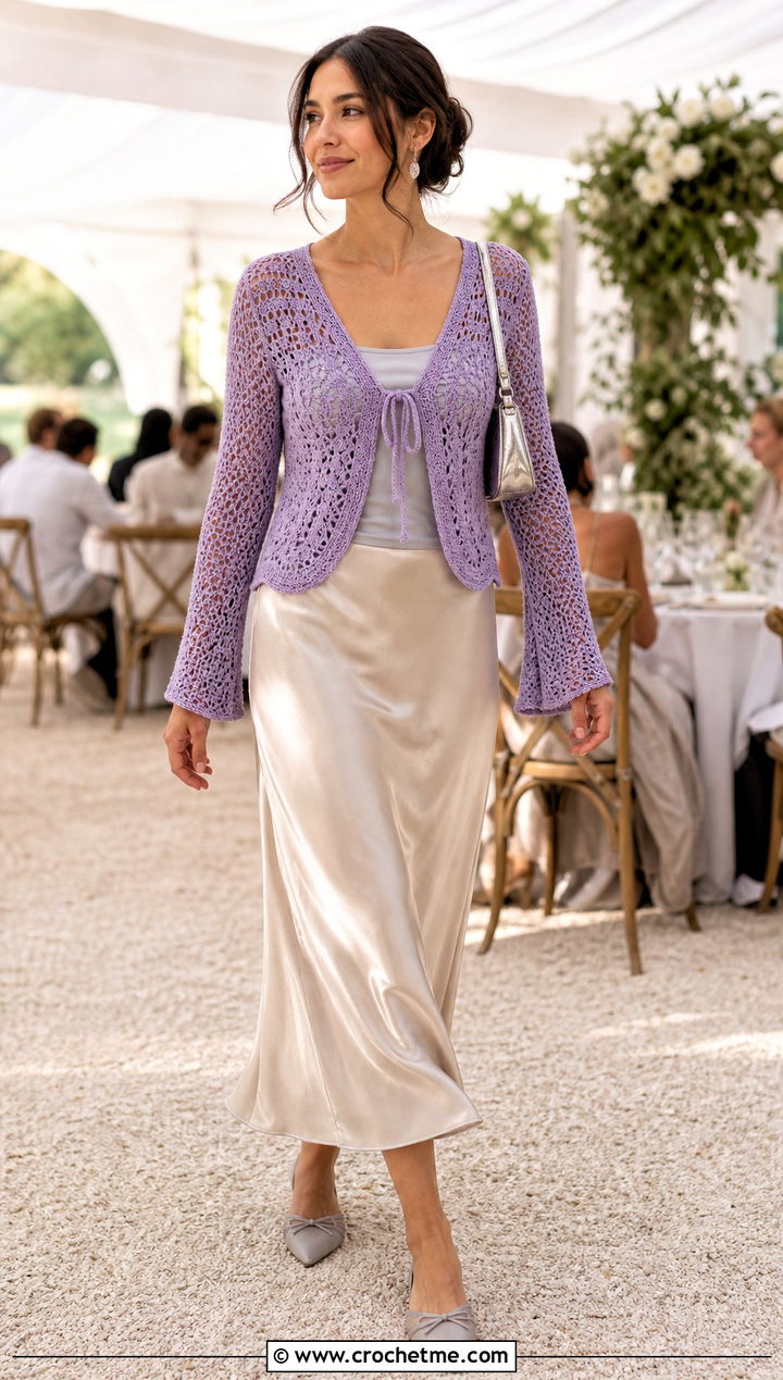 Tie Front Circle Crochet Cardigan With Bias Cut Skirt - 25 circle crochet cardigan outfit ideas