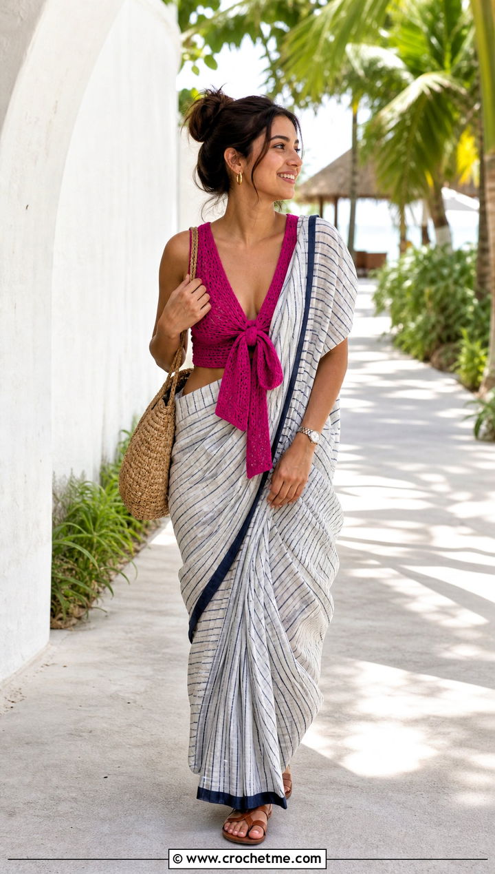 Tie Front Crochet Blouse With Striped Saree - 35 Crochet Blouse For Saree outfit ideas