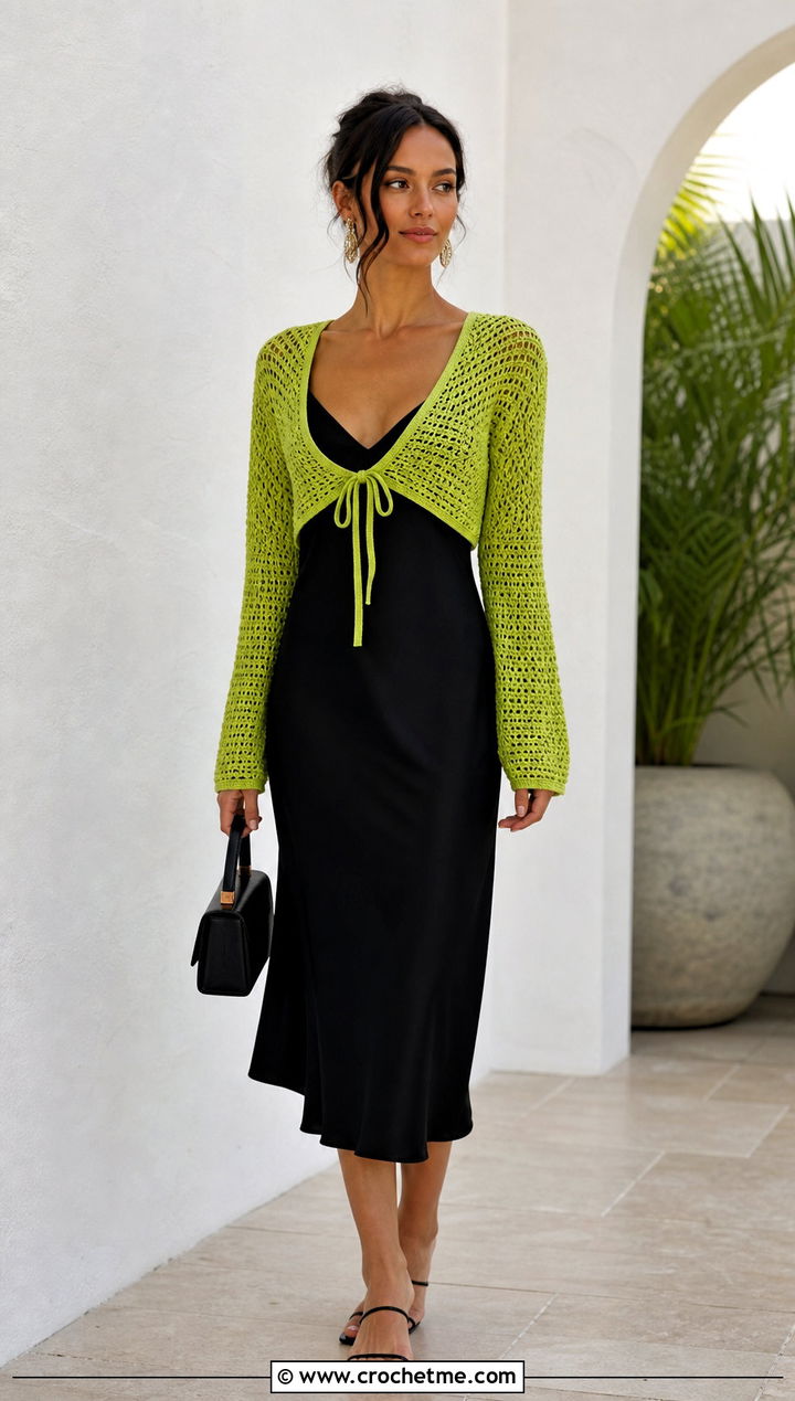 Tie Front Crochet Bolero Cardigan With Slip Dress - 15 Mid Summer Crochet Cardigan outfit ideas