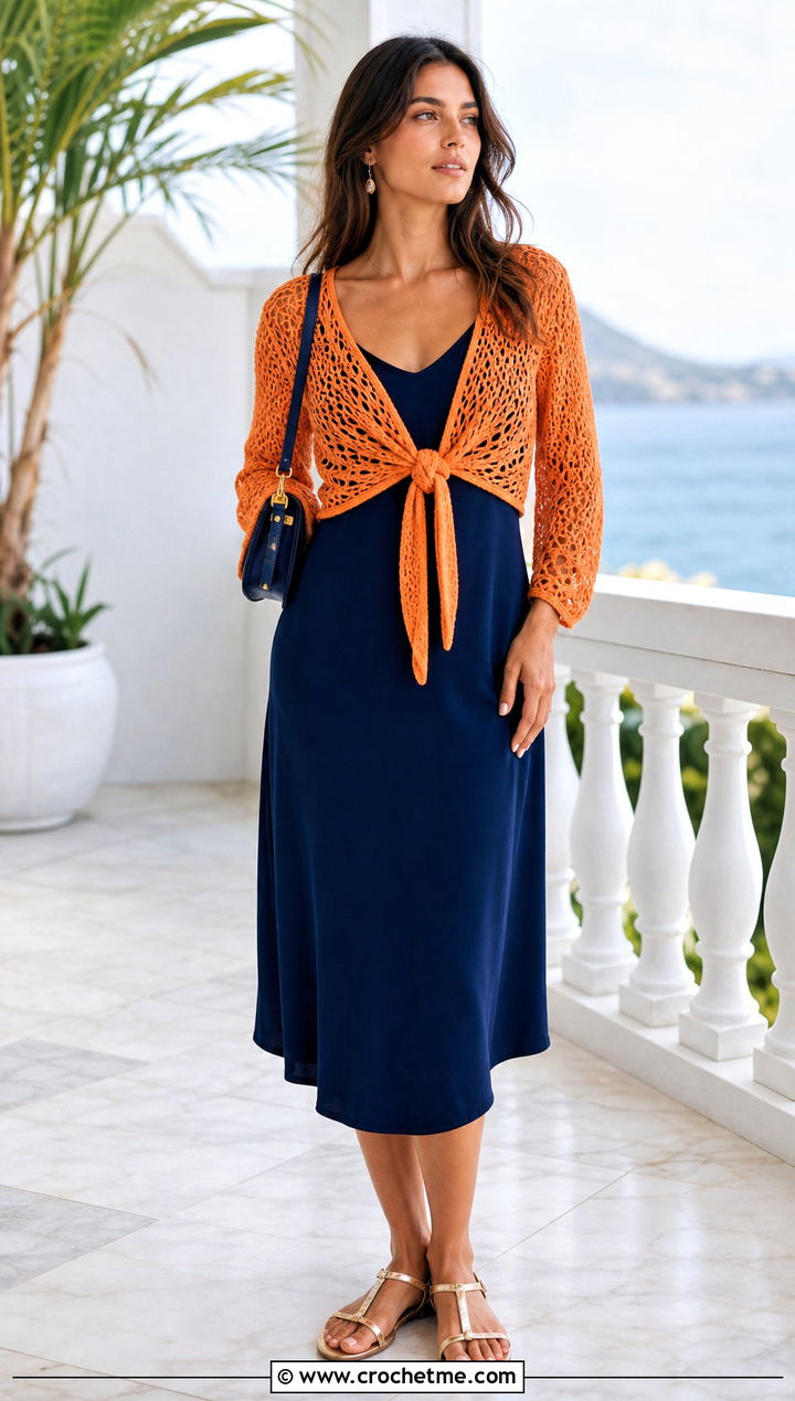 Tie Front Crochet Bolero Cardigan With Slip Dress - 15 Fitted Crochet Cardigan outfit ideas