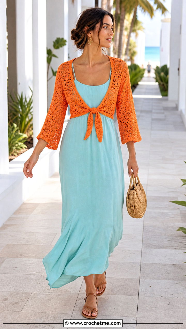 Tie Front Crochet Bolero Shrug With Maxi Dress - 35 crocheted shrug outfit ideas
