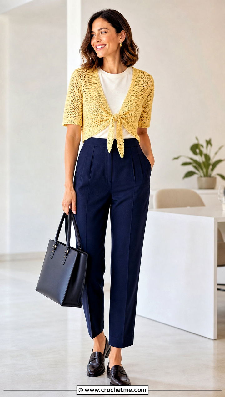 Tie Front Crochet Bolero Top With Tailored Trousers - 20 crochet bolero top outfit ideas