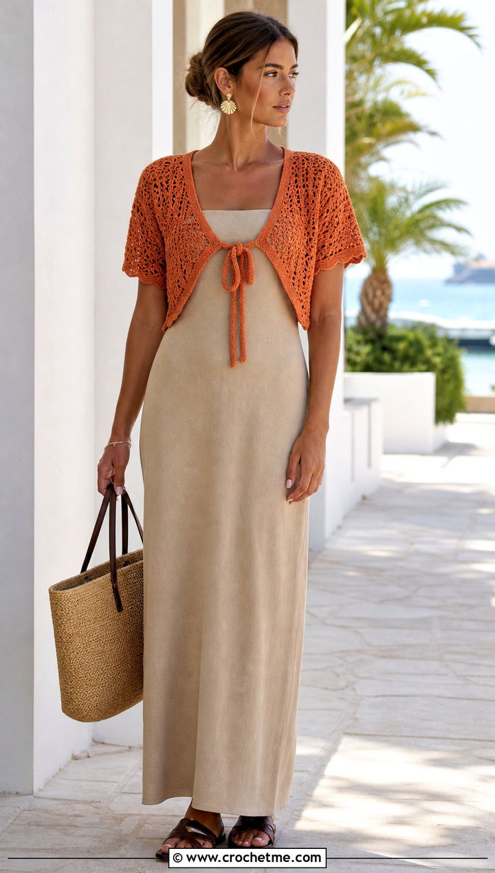 Tie Front Crochet Bolero With Column Maxi Dress - 30 Crochet Long Sleeve Half Top outfit ideas