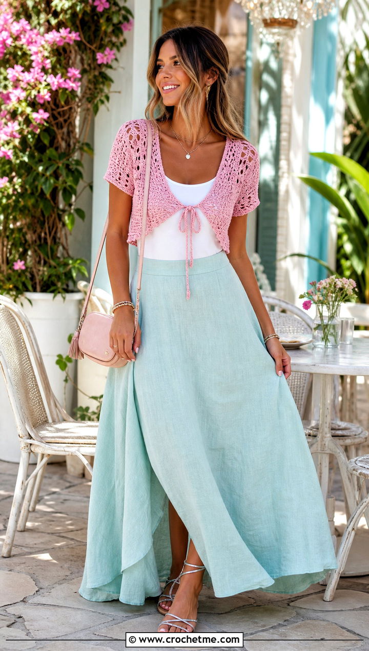 Tie Front Crochet Bolero With Maxi Skirt - 25 short sleeve summer crochet cardigan outfit ideas