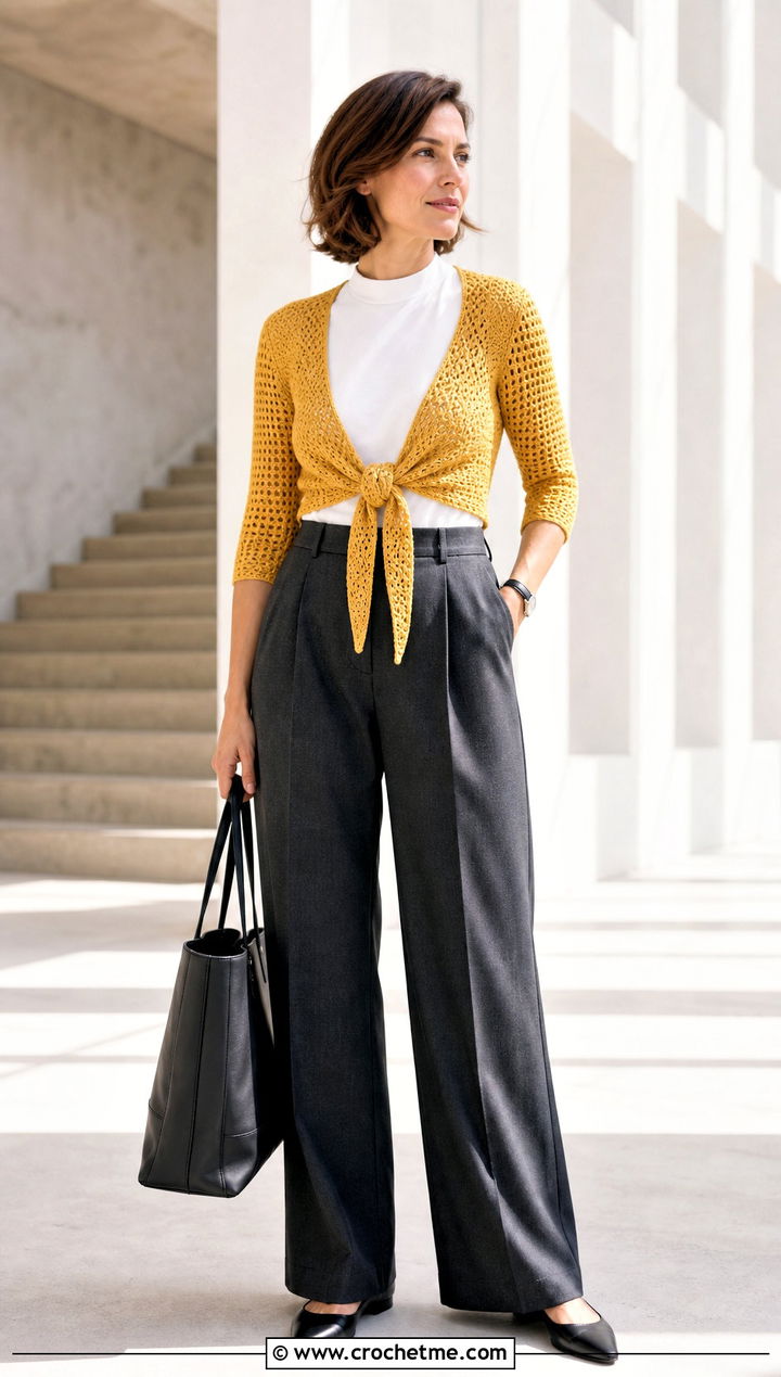 Tie Front Crochet Bolero With Tailored Trousers - 15 crochet spring summer bolero outfit ideas