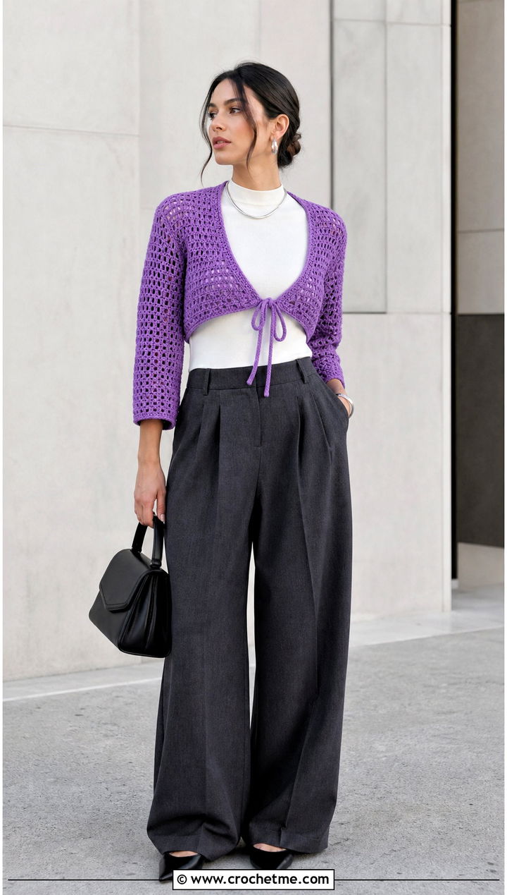Tie Front Crochet Bolero With Tailored Trousers - 25 Mini Crochet Sweater outfit ideas