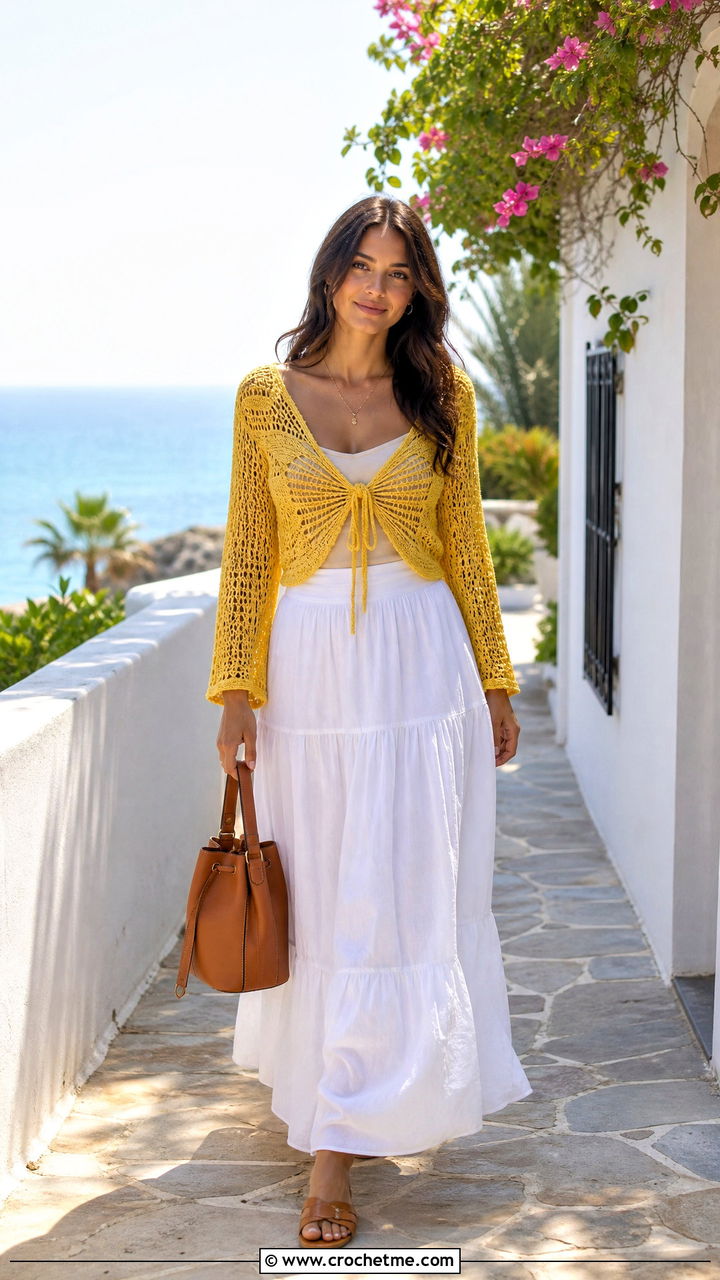 Tie Front Crochet Butterfly Cardigan With Maxi Skirt - 35 crochet butterfly cardigan outfit ideas