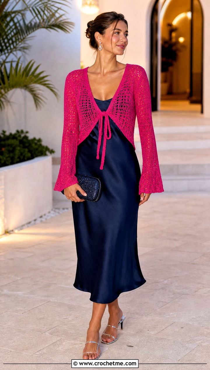 Tie Front Crochet Cardigan Top Over A Slip Dress - 25 alexandra saint mleux crochet top outfit ideas