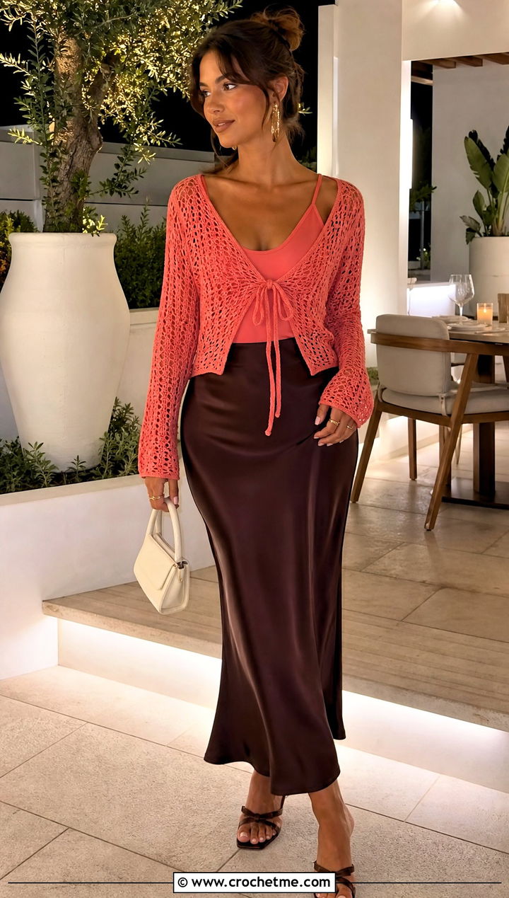 Tie Front Crochet Cardigan Top With Slip Skirt - 25 Boho Crochet Summer Tops outfit ideas