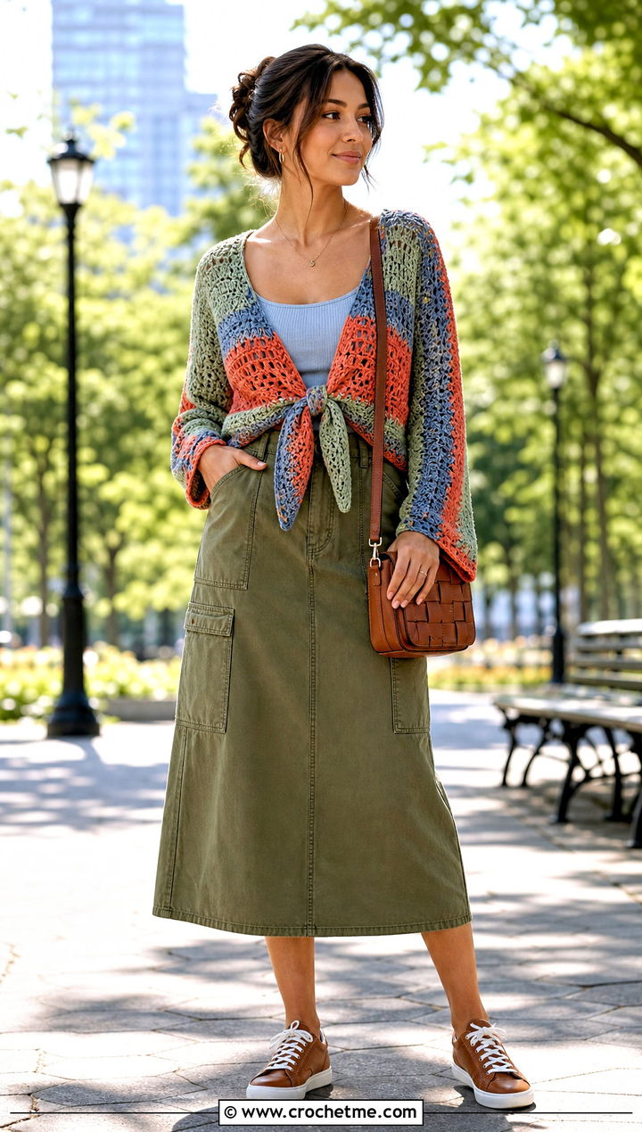 Tie Front Crochet Cardigan Top With Utility Midi Skirt - 30 multi color crochet top outfit ideas