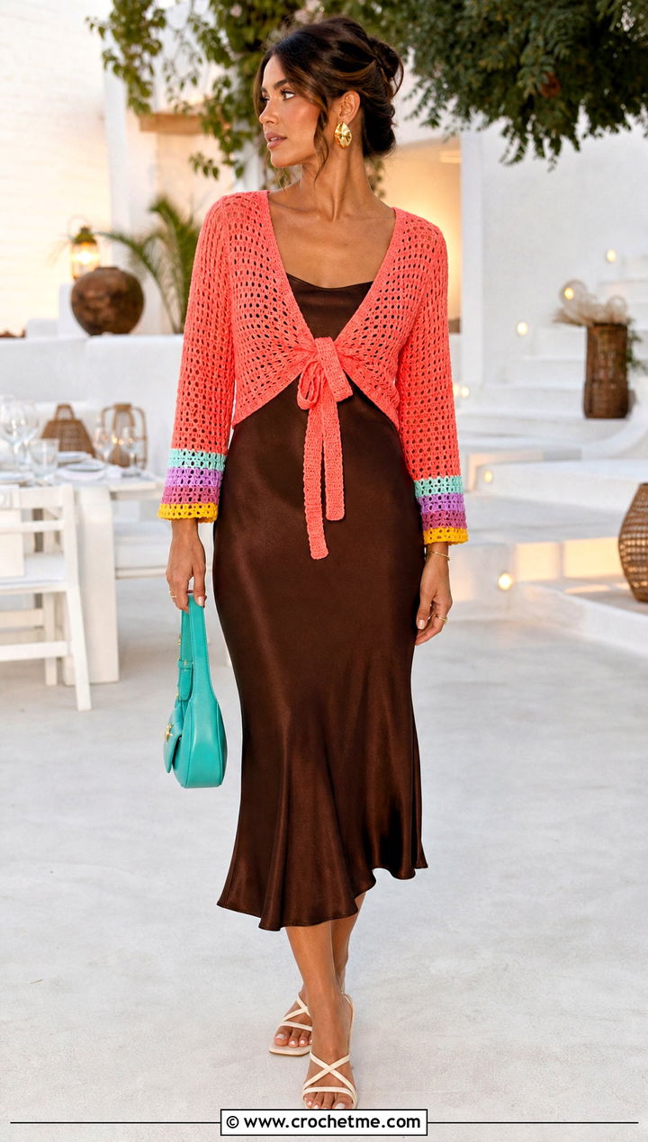 Tie Front Crochet Cardigan With A Bias Cut Skirt - 25 Crochet Colourful Cardigan outfit ideas